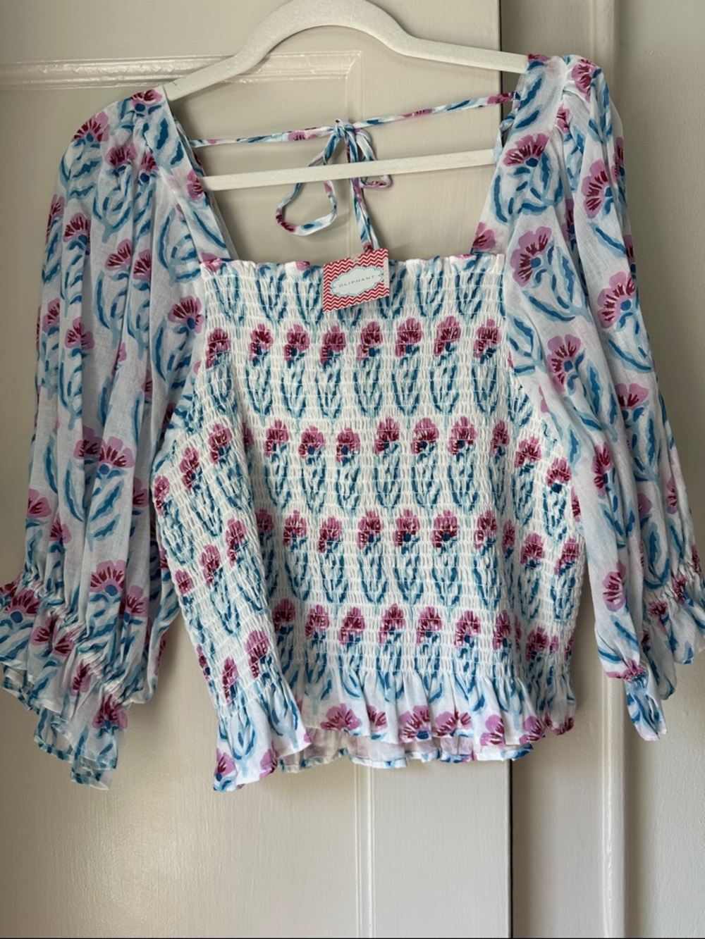 Oliphant Floral Smocked Puff-Sleeve in White, Pink & Blue